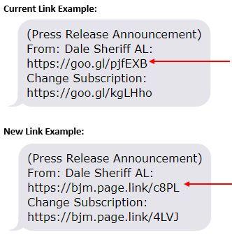 Screenshots of current text alert link example compared to new text alert link example